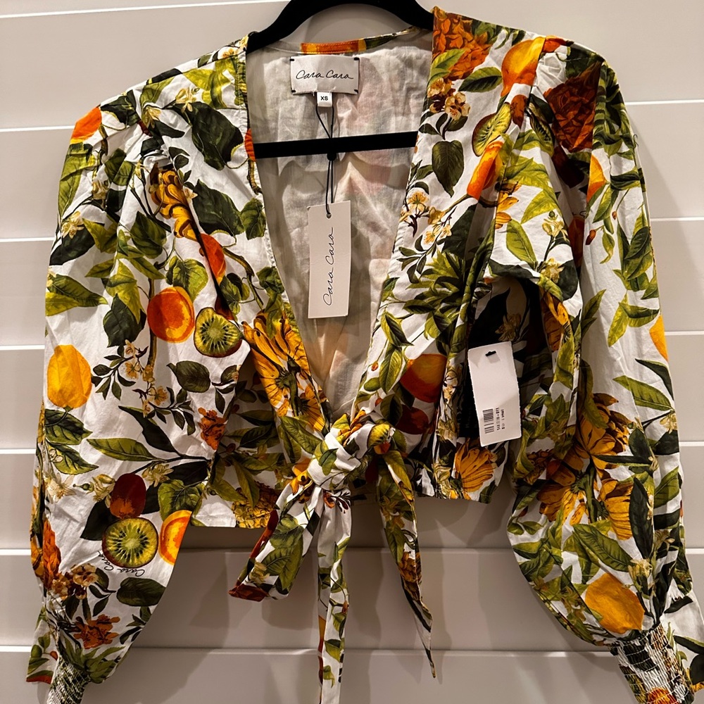 White Floral Tie-Front Crop Top in Yellow & Green